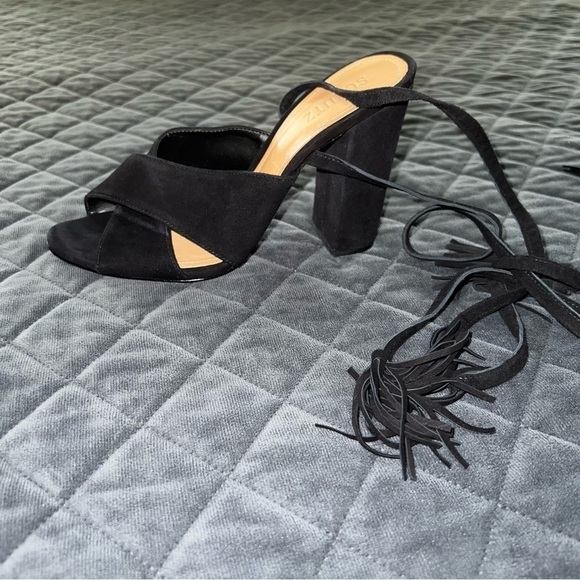 Schutz heels Women 8.5 Shoes Revolve Black Suede Tassel Block Open Toe Strappy - Picture 12 of 14